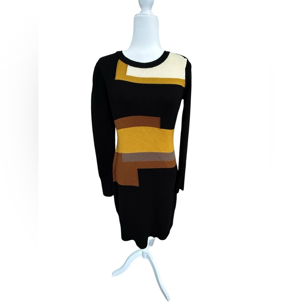 Vince Camuto Colorblock Sweater Dress M Black Mustard Geometric Knit Long Sleeve